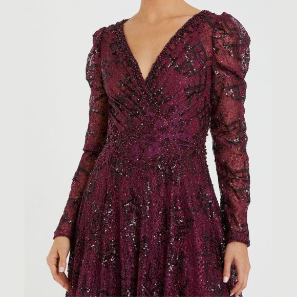 Mac Duggal 20353  Size 14 Red  Embellished V-Neck Long Sleeve A-Line Gown Dress - Picture 3 of 4